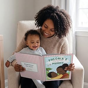 Text reads 'KAYLA'S' and 'MUMMY' visible on children's book-style illustrations featuring pastel mint green backgrounds with decorative borders and cartoon-style artwork.