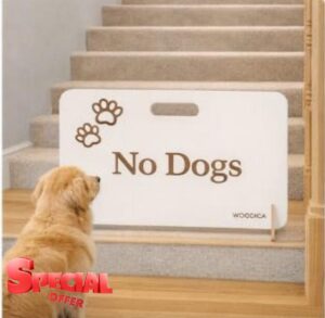 WOODICA White No Dogs Wooden Stopper Barrier – Freestanding Dog Stopper for Stairs | Dog Barrier Gate | Portable Wooden Pet Stopper | Puppy Gate for Stairs Indoor (40cm (Height) x 85cm (Length)