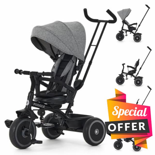 Puggle Easy Twist 6-in-1 Folding Trike with Parent Handle - Melange Grey (9 Months - 5 Years)