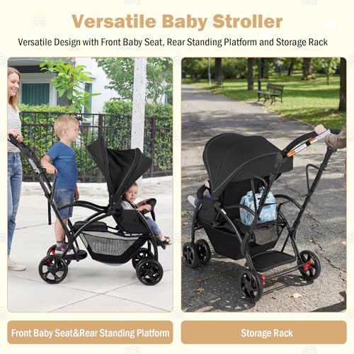 Foldable Sit & Stand Double Pushchair with Adjustable Handle Bar