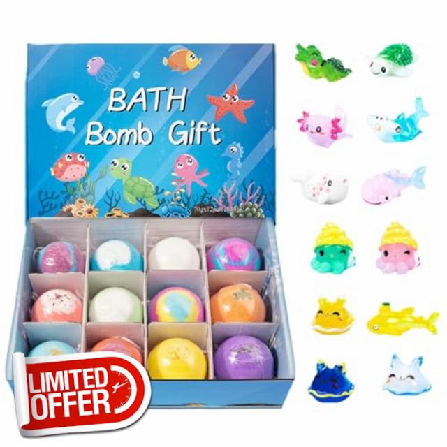 12Pc Bath Bombs with Animal Toys Inside | Kids Bathbombs with Surprise | Handmade Animal Toy Fizzy Bath Salt Balls | Novelty Sea & Land Animals Toy Bubble Baths Balls for Childre
