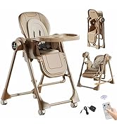 Multifunctional Baby High Chair, Foldable with Remote Control, 5-Point Safety Belt, 2-Tier Split ...
