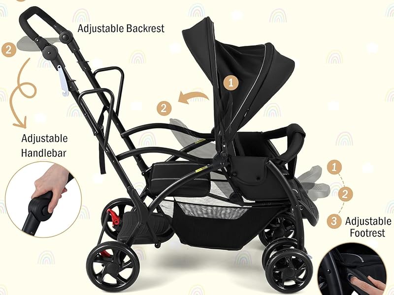 Text reads 'Tailored Comfort for Your Little One'. Black baby stroller with adjustable features highlighted, including reclining backrest and adjustable footrest. Compact design with multiple wheel configuration.