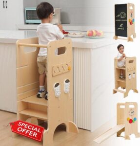 Olvy Kids 4-in-1 Montessori Learning Tower – Learning Tower – Wooden Step Stool – 4-Step Children’s Ladder – Kitchen Helper for Kids – Standing Tower from 1 Year – Foldable Children’s Step Stool