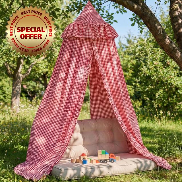SmoothNovelty Gingham Plaid Bed Canopy with Ruffles Soft Vintage Style Decorative Tent for Reading Nook Play Area or Adult Bedroom Circus Tent Canopy (Red)
