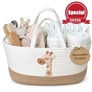 Giraffe Diaper Caddy Organizer for Baby – Cotton Rope Nursery Storage Basket 17"x10.5"x7" with Removable Dividers – Portable Changing Table Organizer