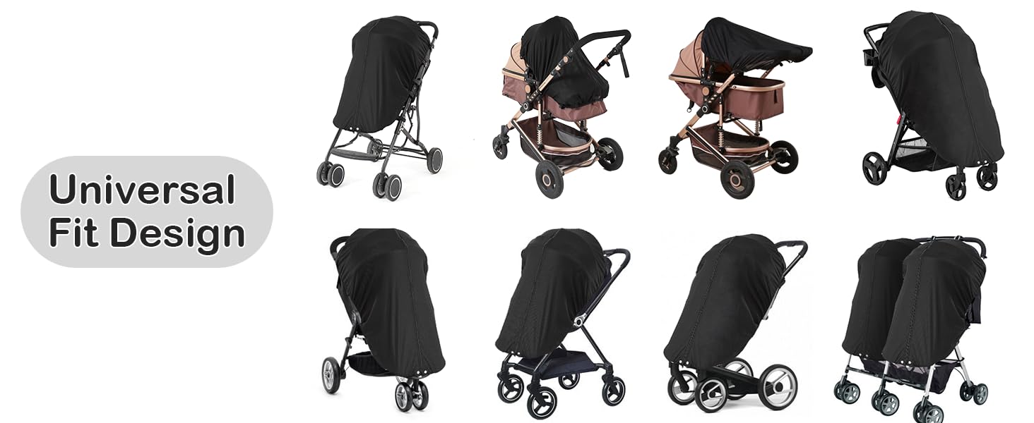 Text reads 'Universal Fit Design'. Multiple silhouettes of baby strollers shown in various configurations and positions against white background.