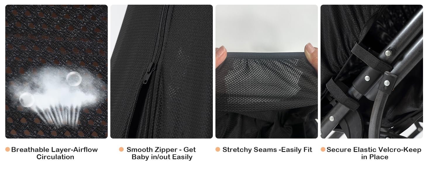 Four technical diagrams showing features of jeans construction: breathable fabric, zipper, stretchy seams, and elastic waistband details.