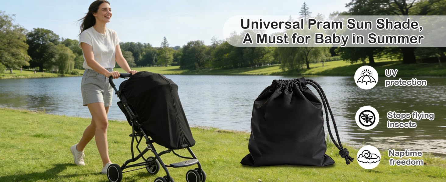 Text reads: 'Universal Pram Sun Shade' 'A Must for Baby in Summer'. Multiple images showing a stroller sunshade being used outdoors, demonstrating coverage and attachment features.