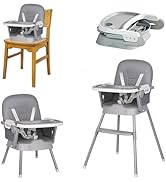 Collage showing multiple angles of a gray and white adjustable high chair. Features reclining positions and removable tray.