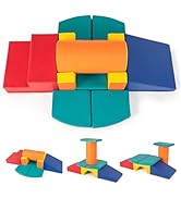 Colorful foam building blocks stacked in house-shaped configuration with blue roof, red/purple/green walls, yellow/orange base pieces on white background.