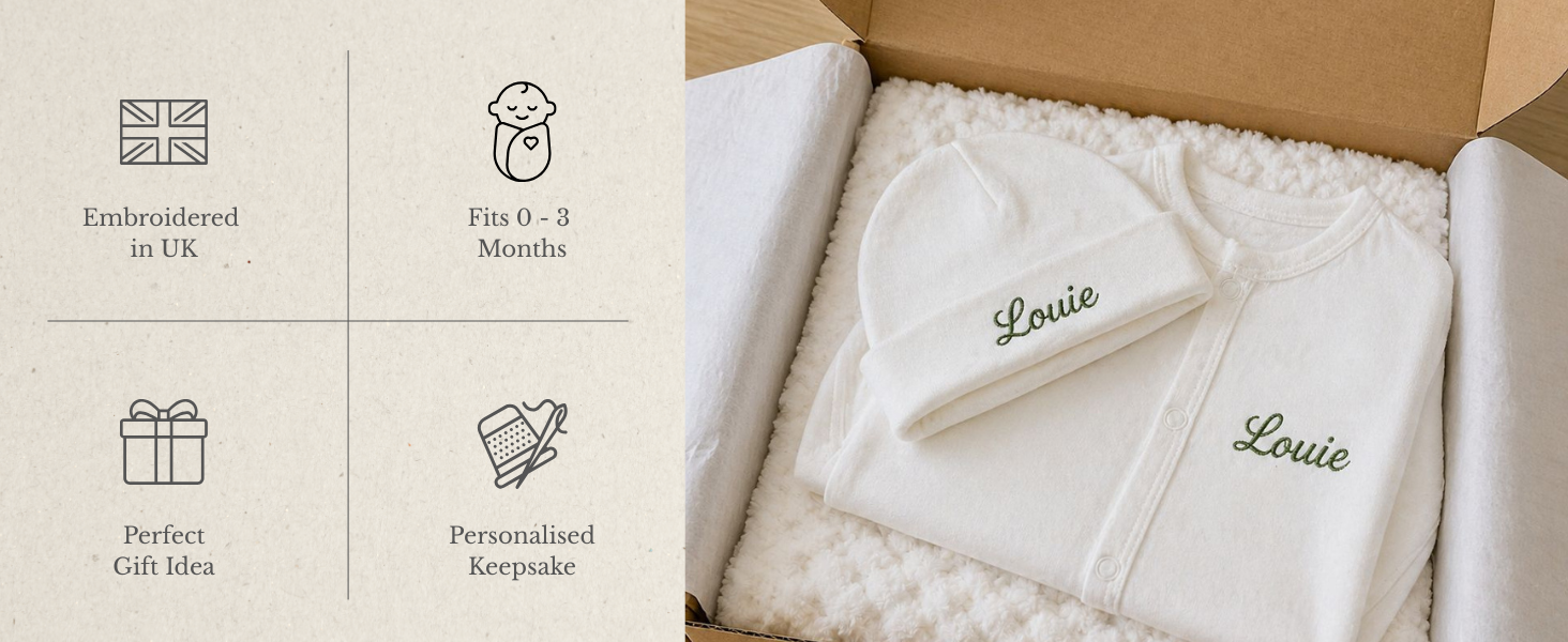 Text reads 'Available in 3 Neutral Colours' and 'Personalised Baby Gift Set'. Left shows white swaddled infant with color swatches (pink, gray, blue, white). Right displays gift set packaging and stamps.