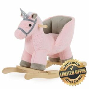 Puggle Plush Wooden Rocking Unicorn Seat with Sounds - Pink (12 Months - 3 Years)
