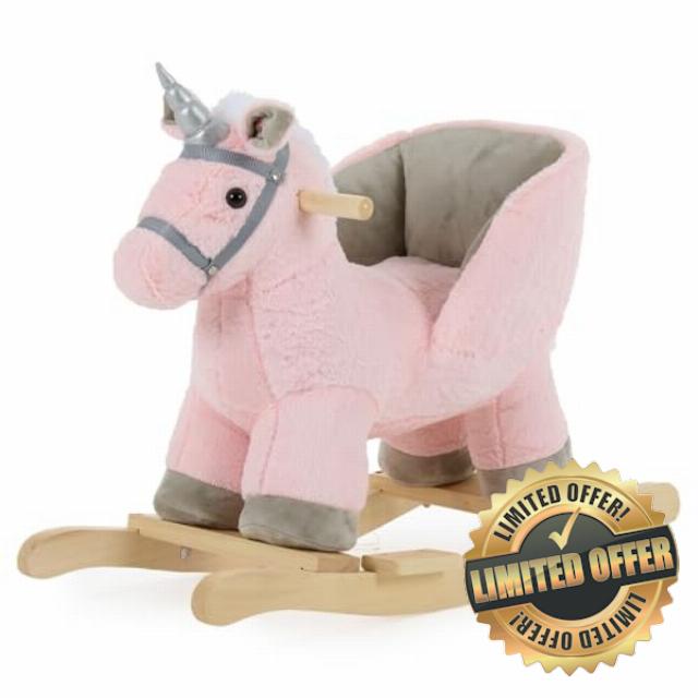 Puggle Plush Wooden Rocking Unicorn Seat with Sounds - Pink (12 Months - 3 Years)