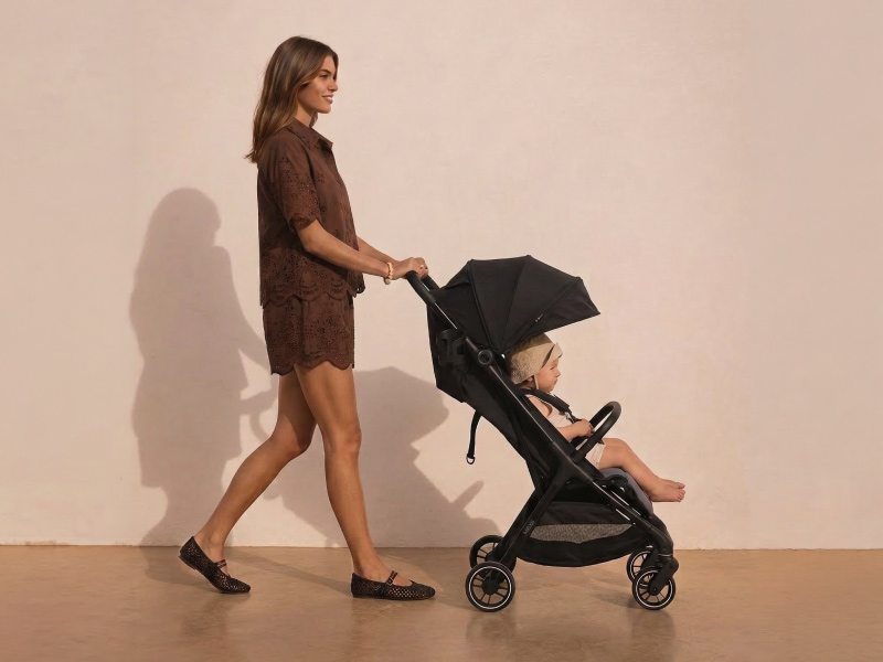 Woman in brown dress pushing black compact lightweight stroller/pushchair on beige background, demonstrating maneuverability and ease of use.