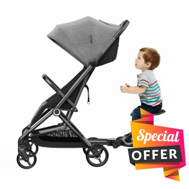Baby Kiddy Board Universal Buggy Footboard 25kg Capacity Flexible Adjustment Height Ride-On Board with Removable Seat & 360° Swivel Wheels