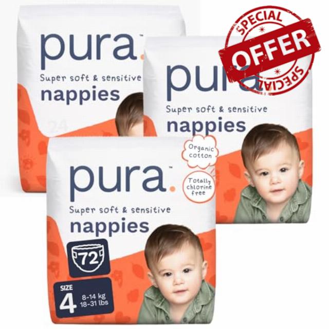Pura Baby Nappies Size 4-72 Count