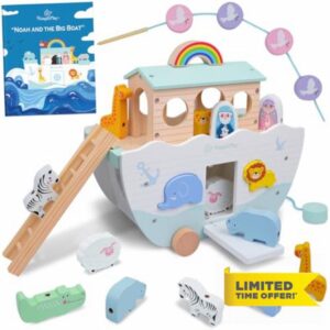 SIMPLIPLAY Wooden Noah's Ark Toy - Toddler Montessori STEM Learning Noahs Ark Toy with Story Book & Wooden Animal Shape Sorter