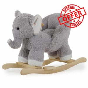 Puggle Plush Wooden Rocking Elephant Seat with Sounds - Grey (12 Months - 3 Years)