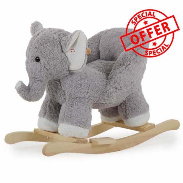 Puggle Plush Wooden Rocking Elephant Seat with Sounds - Grey (12 Months - 3 Years)