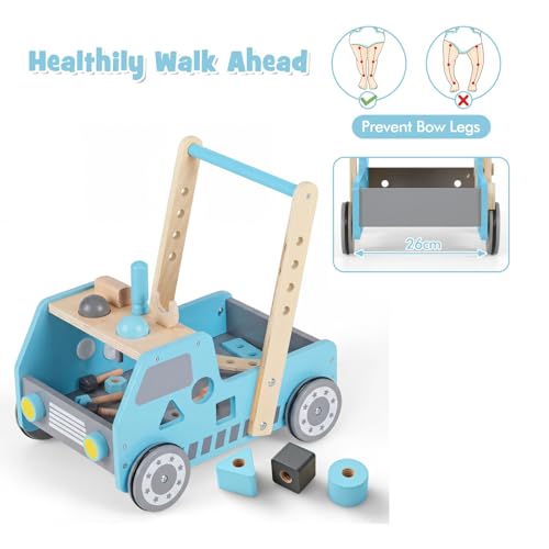 Wooden Activity Walkers Push Along Toy for Boys Girls (Blue)