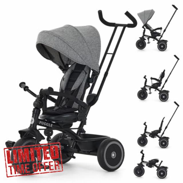 Puggle Easy Twist 6-in-1 Folding Trike with Parent Handle - Melange Grey (9 Months - 5 Years)