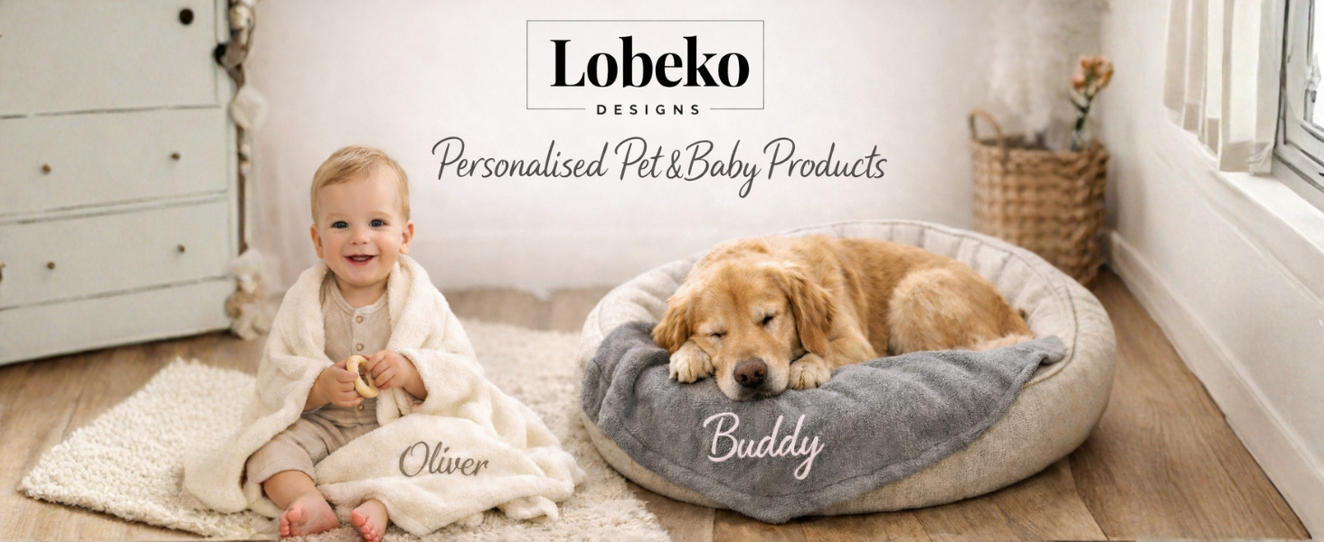 Text reads 'Lobeko' with 'Premium Pet Bed Products'. Shows a round plush pet bed in grey with a golden retriever resting in it, next to a carpeted floor area.