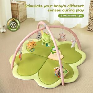 Larger Four-Leaf Clover Shaped Tummy Time Mat Suitable for Babies 0-36 Months (Olive Green)