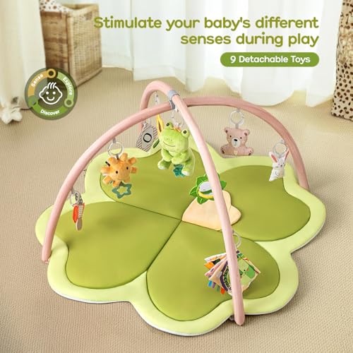 Larger Four-Leaf Clover Shaped Tummy Time Mat Suitable for Babies 0-36 Months (Olive Green)