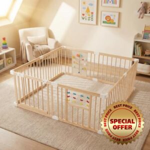GYMAX Wooden Baby Playpen