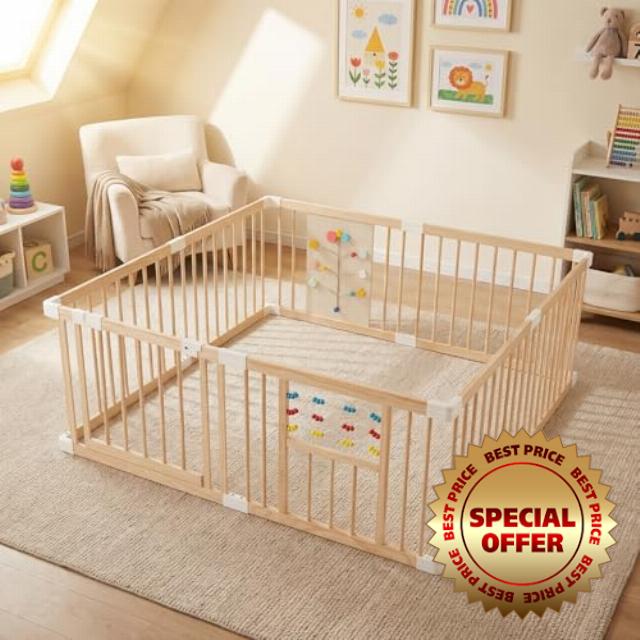 GYMAX Wooden Baby Playpen