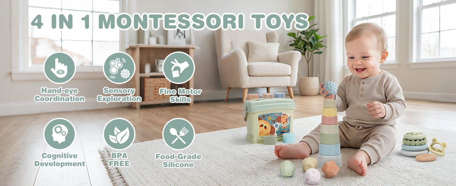 Text reads '4 IN 1 MONTESSORI TOYS'. Baby playing with colorful educational toys on floor. Six circular icons showing different Montessori learning activities. Wooden furniture and bright playroom setting visible.