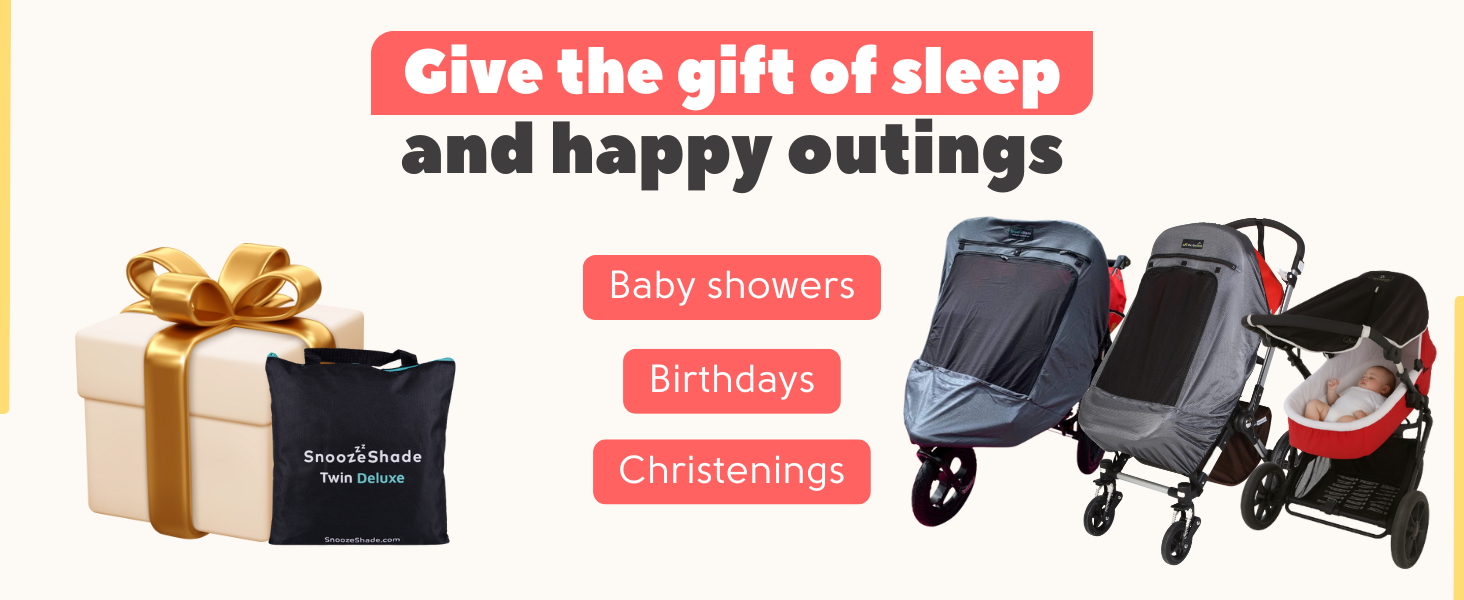 Text reads 'Give the gift of sleep and happy outings' with image of baby strollers and wrapped gift box.
