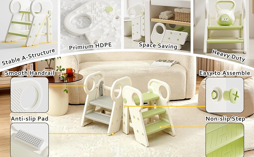 Text reads 'Multi-functional Step Stool'. Composite showing white wooden step stool with storage in various household settings: reaching shelves, kitchen use, and child usage scenarios.