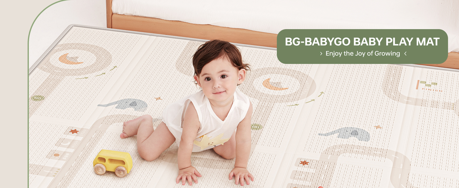 Text reads 'GO BAMBOO BABY PLAY MAT'. Image shows infant on light-colored play surface with toys, partially visible at edge of frame.