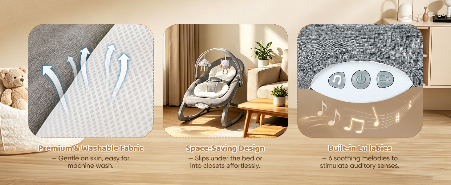 Text reads 'Ergonomic 27 Angle', 'Anti-Skid Safety Base', '5-30 Breastfeed Mode', 'Customizable Soothing', 'Detachable Tray'. Baby bouncer with curved frame, safety base, multiple soothing modes, and removable tray attachment shown in product detail views.