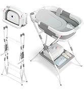 Foldable baby bathtub with frog design. Features gray frog-shaped head and leg supports, white base, and removable insert with water and illustrated frog character.
