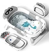 Portable baby bathtub with detachable parts. White plastic tub with adjustable backrest, temperature display, and drain plug. Cartoon bear design on bottom.