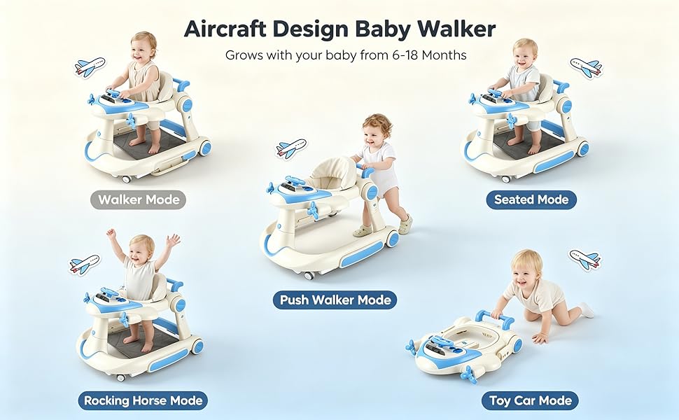 Text reads "Aircraft Design Baby Walker" with illustrated baby using wheeled walker device, surrounded by activity icons showing developmental benefits.