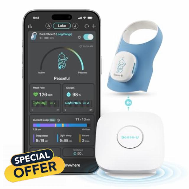 Sense-U Smart Sock Shoe 2 Long Range Baby Monitor with Base Station – Track Heart Rate & Sleep with Transmissive PPG Foot Sensor