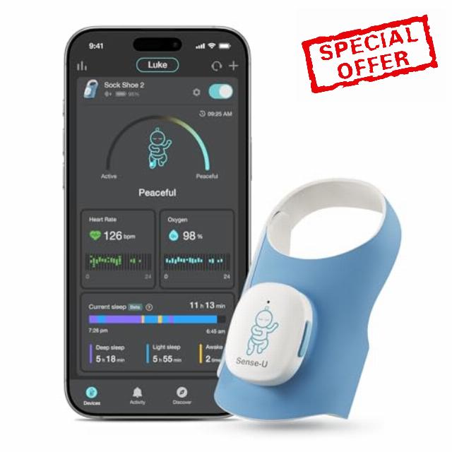 Sense-U Smart Sock Shoe 2 Baby Monitor – Tracks Heart Rate and Sleep Patterns with Transmissive PPG Foot Sensor