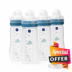 MAM Easy Active Bottles | 4 Pack (4 x 330ml) | Fast Flow MAM Teats Size 3 + 1 x Extra Fast Flow | Baby Accessories | Blue