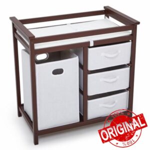 Aptliton Modern Wooden Baby Changing Table with 3 Storage Drawers and Laundry Hamper