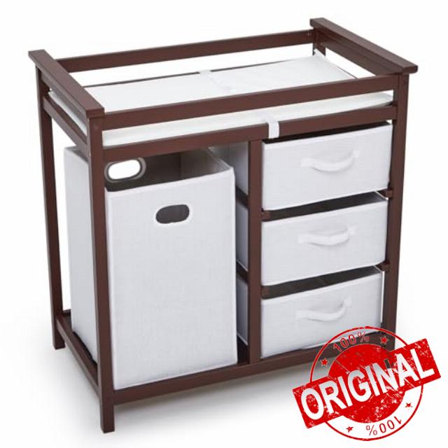 Aptliton Modern Wooden Baby Changing Table with 3 Storage Drawers and Laundry Hamper
