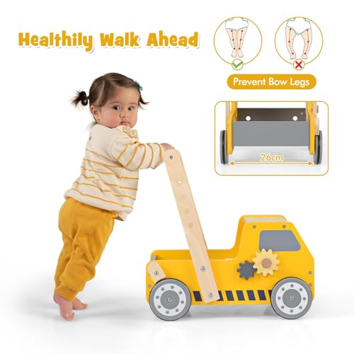 Wooden Activity Walkers Push Along Toy for Boys Girls (Yellow)