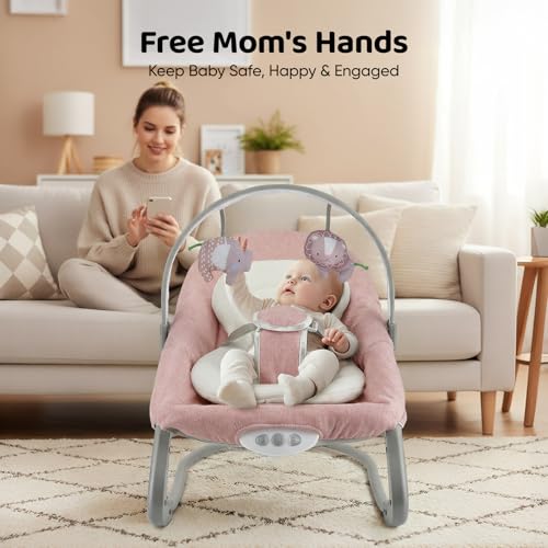 Baby Bouncer from Birth Baby Rocker Infant Seat with 3-Point Harness & Removable Play Bar & Music