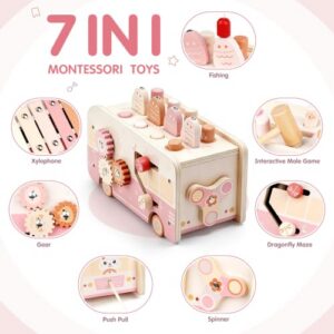 Wooden Hammering Pounding Toy 7 in 1 with Xylophone & Magnetic Fishing Game for Kids