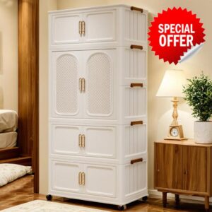 Wardrobes for Bedroom Portable Kids Wardrobe 4-Tier Foldable Closet with Lockable Wheels - Plastic Storage Cabinet for Baby Nursery