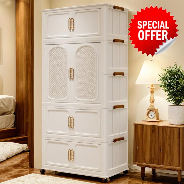 Wardrobes for Bedroom Portable Kids Wardrobe 4-Tier Foldable Closet with Lockable Wheels - Plastic Storage Cabinet for Baby Nursery