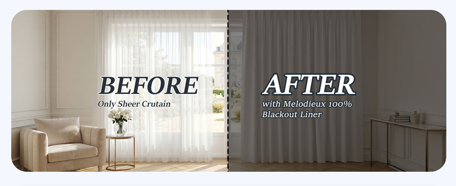 Text reads 'BEFORE Daily Sheer Curtain' and 'AFTER with Blackout Inset Blackout Liner'. Side-by-side interior comparison showing sheer white curtains versus dark blackout curtains on windows.